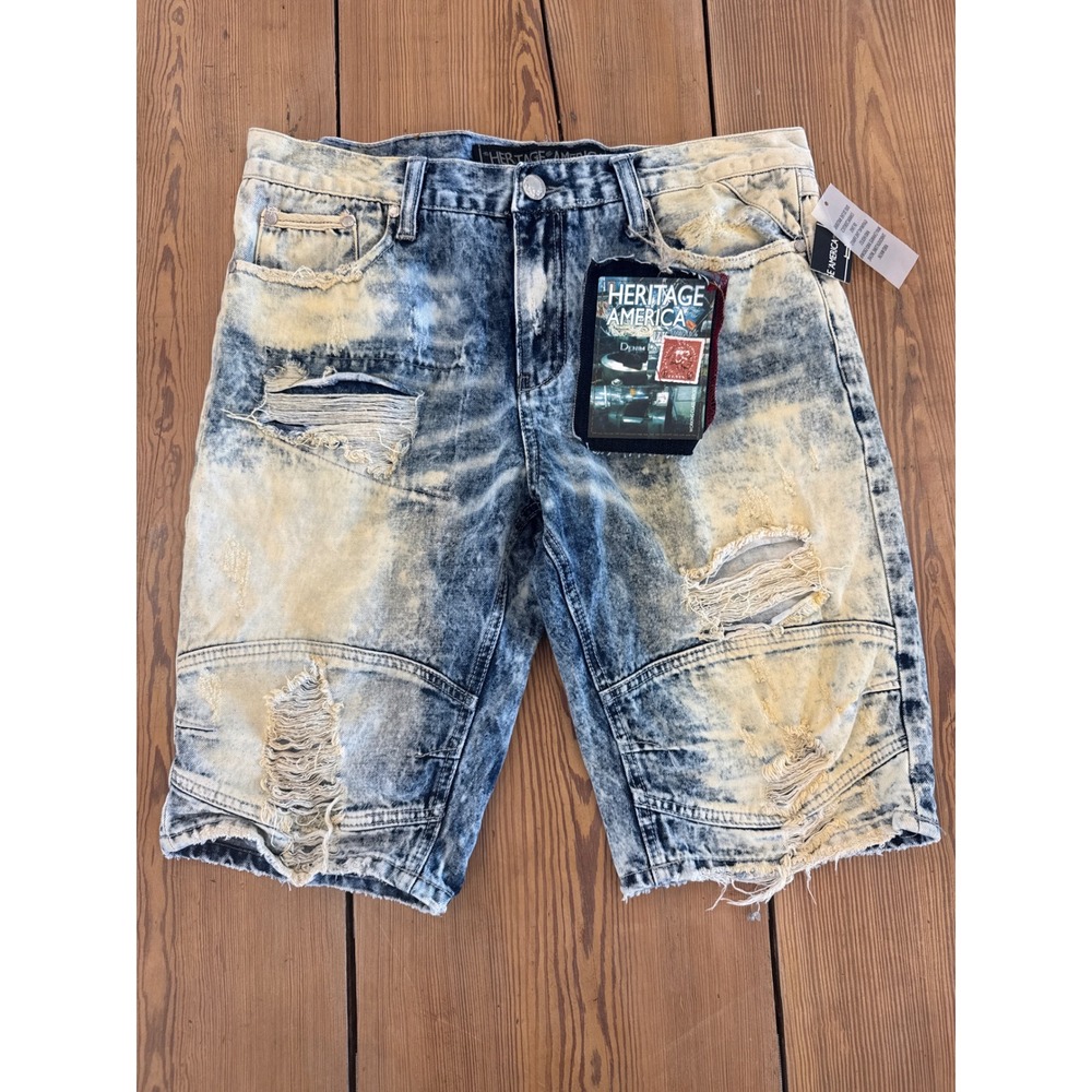 Heritage America Mens Distressed Acid Wash Denim‎ Moto Shorts Blue HA-WB-647 W36